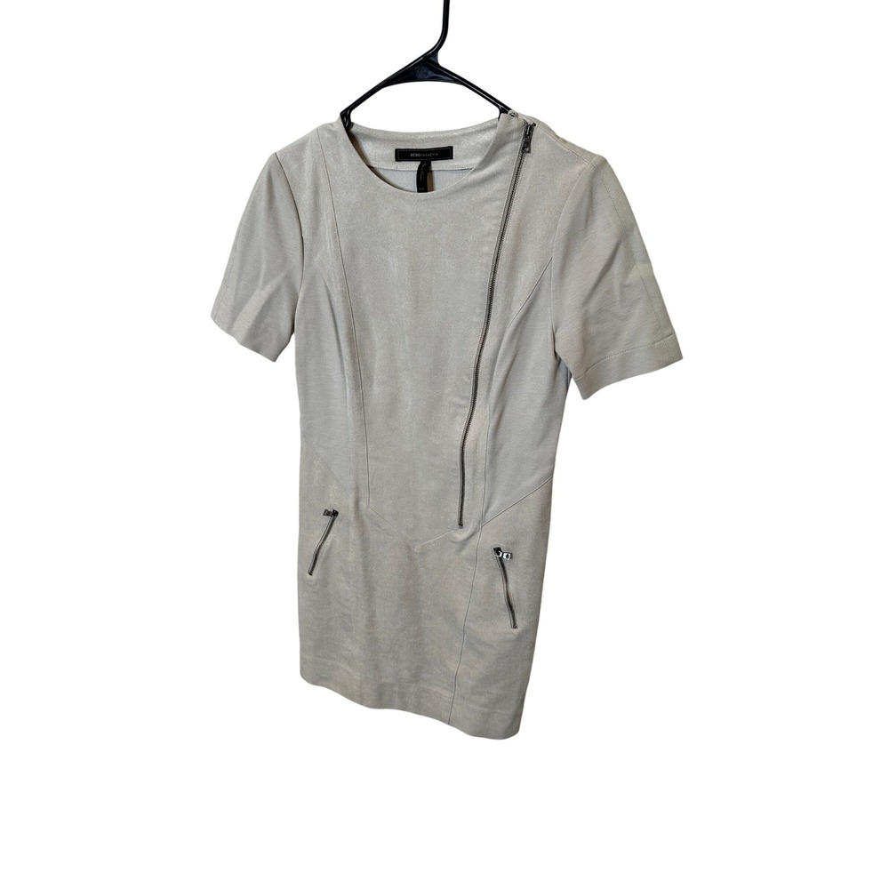 BCBGMAXAZRIA Tan Faux Suede Moto Shift Dress Asymmetrical Zip XXS